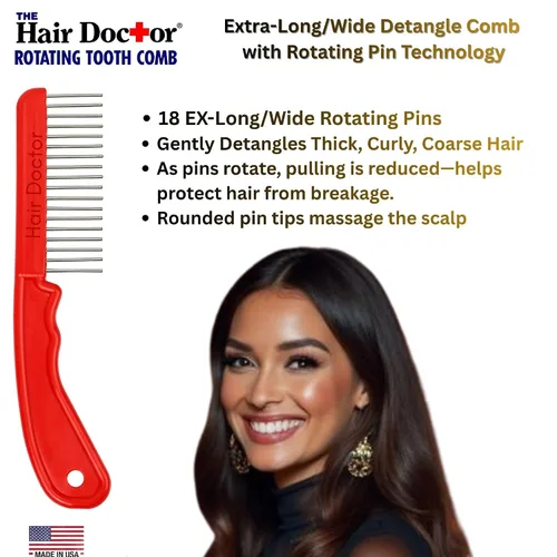 Vista 2 de The Hair Doctor - Peine de pelo extra largo de 1 1/4 pulgadas con dientes giratorios suaves y sedosos para evitar daños en el cabello (rojo hermoso)