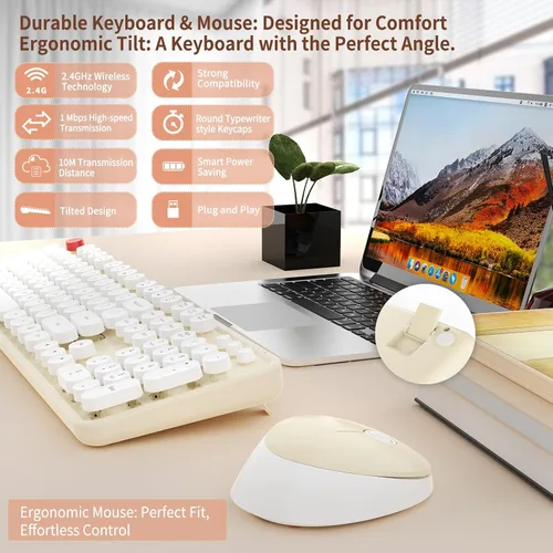 Vista 2 de HotFox Combo de Teclado y Ratón Inalámbrico, Teclado Retro de Máquina de Escribir de Tamaño Completo con Keycaps Redondos, Diseño Ergonómico para PC