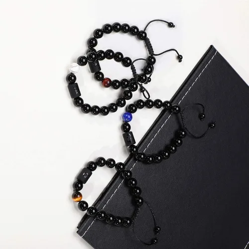 Vista 4 de Pulsera del zodiaco para hombres y mujeres, 0.315 pulgadas, 0.394 pulgadas, piedra blancanegra, bendición de la suerte, con cuentas, signo
