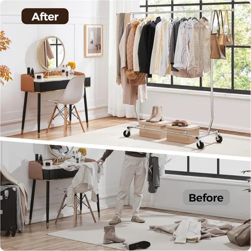 Vista 5 de Yaheetech Percheros de ropa comercial con ruedas, barra individual de grado ajustable, altura ajustable, perchero con ruedas para colgar ropa