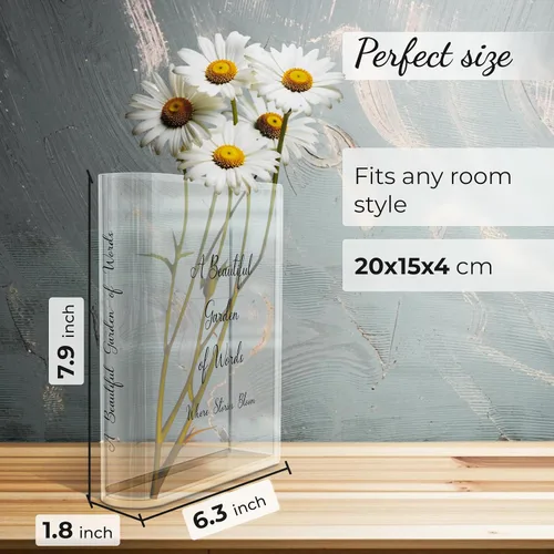 Vista 2 de Jarrón acrílico en forma de libro Skywin, jarrón único en forma de libro para flores, decoración del hogar, centros de mesa y regalos
