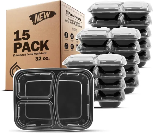 Vista 13 de Freshware Contenedores de preparación de comidas [21 unidades] 3 compartimentos con tapas, contenedores de almacenamiento de alimentos, caja Bento
