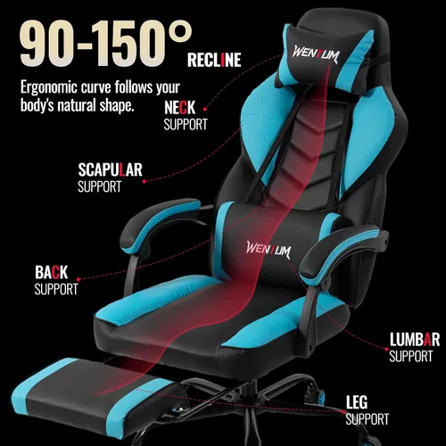 Vista 4 de Ergonomic Gaming Chair,Massage & Footrest,350lb Capacity,Breathable PU,Blue Multi-Function Desk Chair 2-Point Vibration Lumbar Support Height