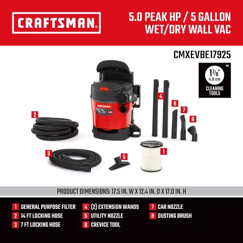 Vista 3 de CRAFTSMAN CMXEVBE17925 Aspiradora húmeda/seca de 5 galones, 5.0 HP máximo, aspirador portátil y de montaje en pared con filtro, 2 mangueras