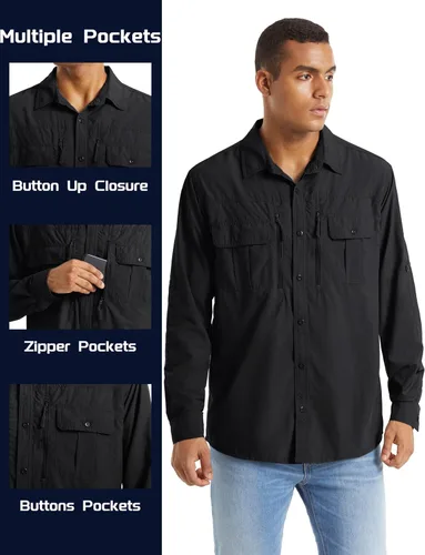 Vista 7 de TACVASEN Camisa de pesca de manga larga para hombre, de secado rápido Negro