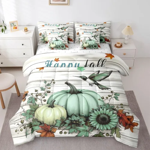 Vista 16 de Feelyou Fall Pumpkin Comforter Set with Sheets 7 Piece Twin Size Autumn Bed in a Bag Kids Boys Girls Pumpkin Maple Leaf Bedding Set Hummingbird Beig