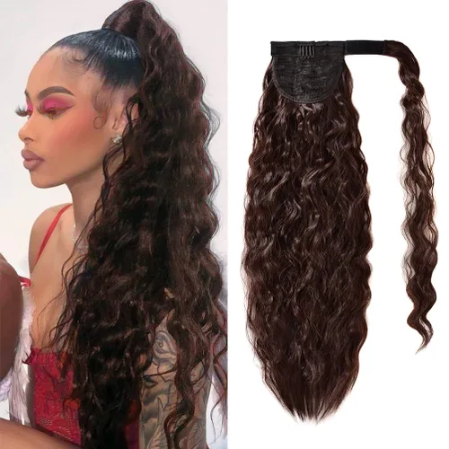 Vista 14 de Extensión de cola de caballo con clip de onda de maíz, 22 pulgadas de largo, ondulado, rizado, envolvente, resistente al calor, sintético, postizo