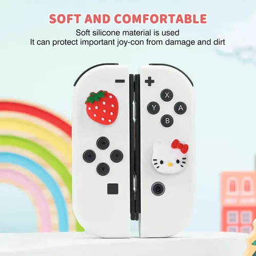 Vista 4 de DLseego Strawberry & Cat - 4 tapas de agarre para el pulgar para interruptor regular, interruptor LiteSwitch OLED Joy Con Joystick de silicona