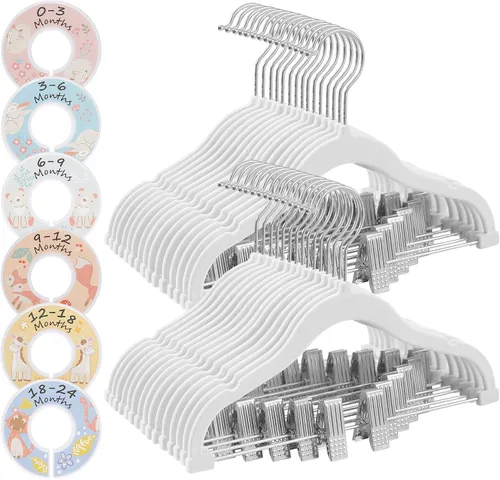 Vista 10 de SONGMICS Paquete de 30 perchas para pantalones de bebé con clips, perchas para niños con 6 separadores de ropa, perchas antideslizantes para ropa