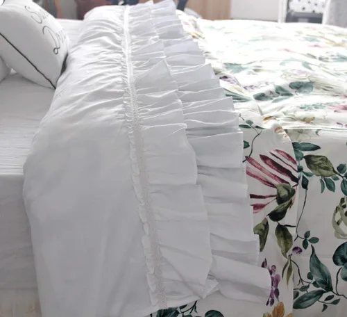 Vista 2 de QSH Juego de sábanas con volantes, tamaño Queen, ropa de cama de encaje de campo francés, 100% algodón, estilo shabby vintage, juego de sábanas de 4