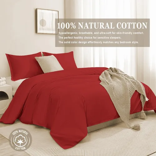 Vista 2 de Juego de funda de edredón 100% algodón, cierre de cremallera oculto, ultra suave, fácil de cuidar y duradero, estilo de cama simple, Queen, rojo