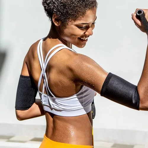 Vista 5 de WenX Recortadores de brazos para mujer, bandas de sudor más delgadas de neopreno, mangas de compresión de neopreno para entrenamiento deportivo