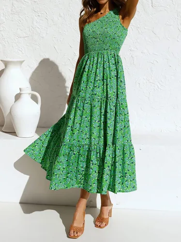 Vista 2 de ZESICA Vestido largo midi de verano bohemio con estampado floral de un hombro, sin mangas, fruncido con volantes, escalonado, para playa