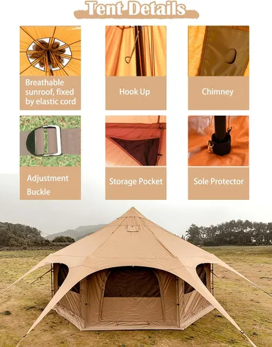 Vista 5 de Thcbme Tienda de campaña de lona de algodón de 5M - Yurtas con gato de estufa, resistente al viento, sombra transpirable, viajes de campamento