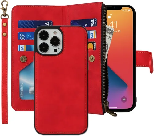 Vista 10 de iCoverCase Compatible con iPhone 13 Pro Wallet Funda para teléfono con tarjetero de piel sintética, bolsillo con cremallera, magnética, desmontable
