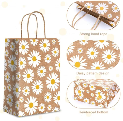 Vista 4 de Whaline Paquete de 12 bolsas de regalo de flores de margarita, bolsas de papel kraft con asas, bolsas de regalo florales para fiesta de primavera