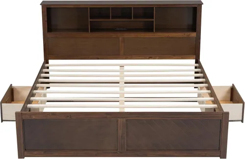Vista 8 de Polibi Cama de plataforma de madera tamaño King con cabecera de almacenamiento múltiple, puertos y cajones de carga USB, plataforma