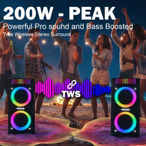 Vista 3 de Altavoz Bluetooth grande, pico de 200 W, 8 luces, 2 micrófonos TWS Stereo Pairing, 6 EQ Modes, 18-Level Bass/Treble Control, Type-C Charging for