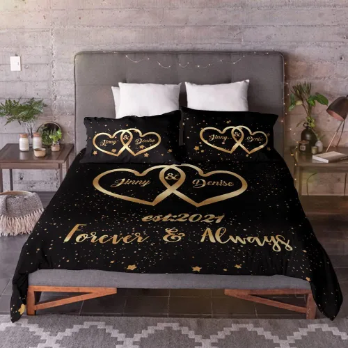 Vista 2 de VEELU Juego de funda de edredón personalizada con nombres de pareja, 3 piezas, tamaño matrimonial, funda de edredón de microfibra con corazones
