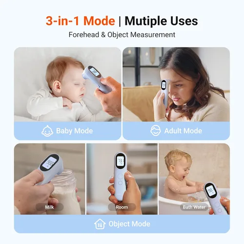 Vista 3 de iHealth Termómetro digital infrarrojo para adultos y niños, termómetro para bebés con modo 3 en 1 y aviso de 3 colores, alarma de fiebre y modo Azul