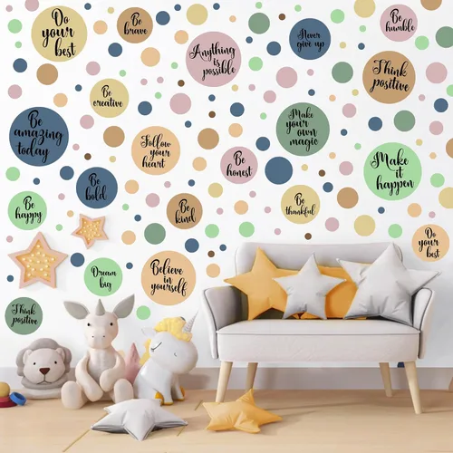 Vista 5 de Calcomanías de pared de lunares, coloridas calcomanías de pared bohemias para niños, calcomanías extraíbles de círculo redondo de arco iris