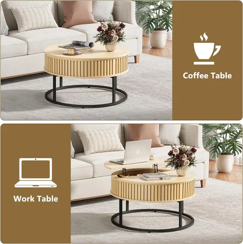 Vista 4 de Mesa de centro redonda con parte superior elevadora, mesas de centro de madera estriada para sala de estar, elevación para comedor, gran