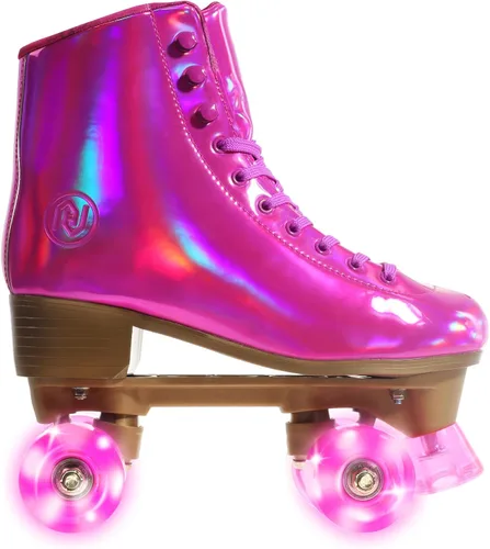 Vista 7 de JajaHoho Patines de ruedas para mujer, piel sintética holográfica magenta de alta calidad, patines de doble fila brillantes con cuatro ruedas rosa