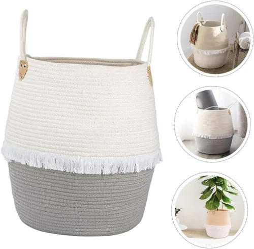 Vista 5 de COLLBATH 1 cesta tejida para cuarto de bebé, dormitorio, papelera variada, portátil, de algodón, práctica con cubos para el hogar, ropa