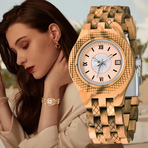 Vista 7 de Reloj ligero de cuarzo de madera para mujer, reloj analógico de cuarzo, correa de madera con cierre plegable, relojes de madera para mujer
