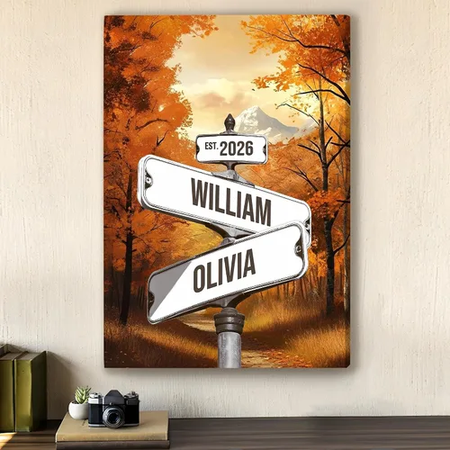 Vista 2 de VulcanAce Letrero de calle personalizado de Crossroads con nombre y fecha, impresión en lienzo de letrero de calle vintage personalizado, regalos