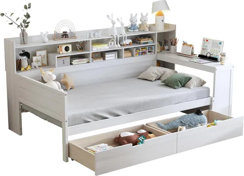 Vista 5 de VilroCaz Cama de sofá de tamaño individual de madera con estantes de almacenamiento y escritorio de estudio, estructura de cama de día Blanco
