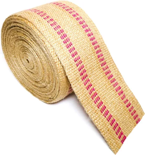 Vista 5 de Tapicería/Cinta de yute artesanal (arpillera) 3.5 pulgadas X 10 yardas, natural con rayas rojas