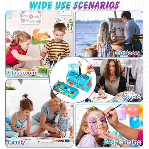 Vista 6 de Kit de limpieza de pinceles para niños con 5 pinceles, bata de arte, tapete lavable, guía, tarro limpiador de pinceles en espiral para acuarela