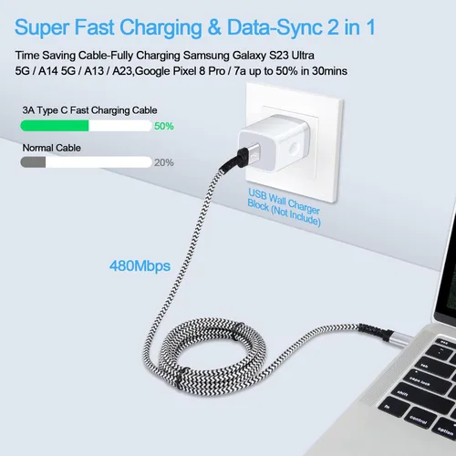 Vista 5 de Paquete de 3 cables USB tipo C para Samsung S26 S25 S24 S23 de carga rápida USB C a USB A Android Phone C para Galaxy S26Ultra/A17 A16 5G/Z