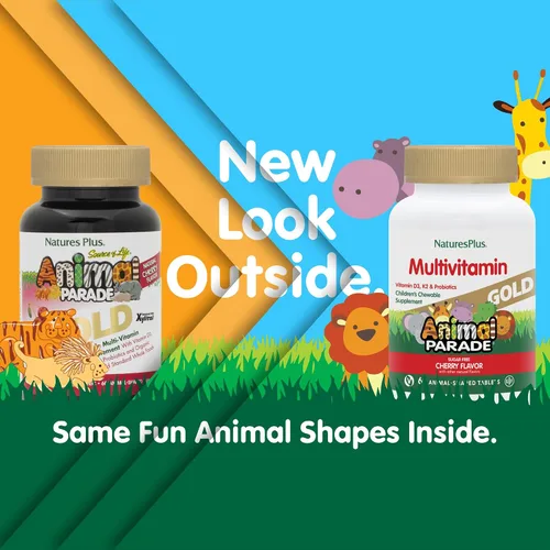 Vista 2 de NaturesPlus Animal Parade Gold Multivitamínico Masticables para niños, sabor a cereza, 60 tabletas masticables en forma de animal, con vitamina D3