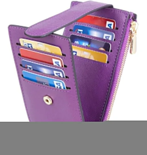 Vista 6 de Chelmon Billetera delgada con bloqueo RFID para mujer con bolsillo con cremallera púrpura profundo Minimalista