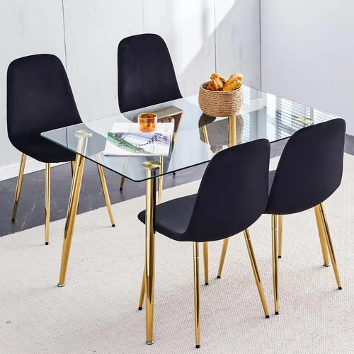 Vista 10 de Juego de mesa de comedor para 4, 5 piezas, juego de mesa de comedor de terciopelo moderno, mesa rectangular de vidrio templado para cocina, bar