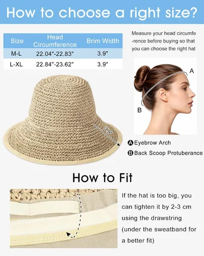 Vista 4 de Sombreros de sol para mujer, sombrero de pescador de paja de ala ancha de Beige