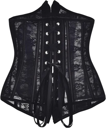 Vista 2 de Conjunto de ropa interior con corsé para mujer, sexy moldeadora de encaje deshuesado con aros para mujer (negro, S)