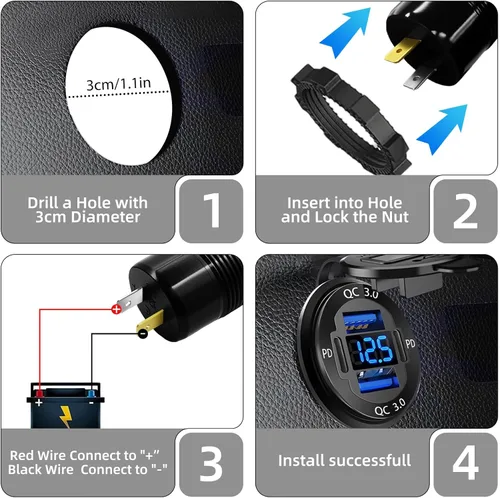 Vista 5 de Cargador USB 12V mejorado con 4 puertos - Toma de corriente para coche de aleación de aluminio con voltímetro LED para coches, carritos de golf