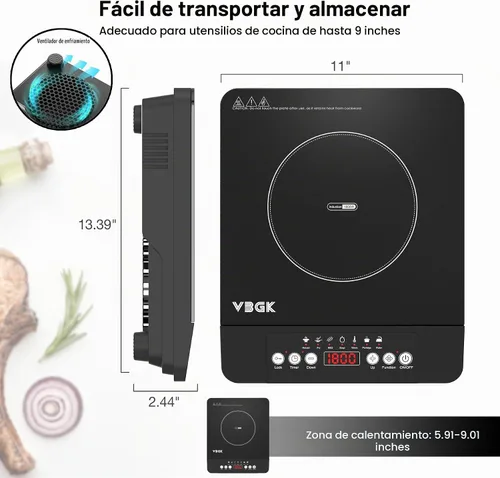 Vista 9 de VBGK Placa de Inducción de Quemador Único, Placa de Inducción Portátil de 1800 W, Placa Caliente de 110 V con Sensor LCD Táctil, 7 Niveles