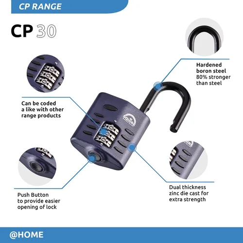 Vista 4 de Squire Candado pequeño (CP30) – Grillete de acero más resistente – Candado combinado de 3 ruedas – Acero aleado para resistencia a la corrosión