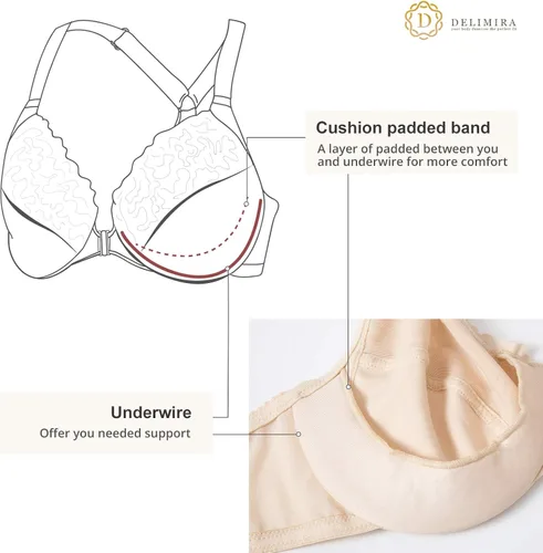 Vista 3 de DELIMIRA - Brasier con cierre frontal, cobertura total, aros de encaje y espalda cruzada en talla extragrande para mujer