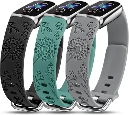 Vista 10 de Paquete de 3 correas compatibles con Fitbit Luxe para mujer, de silicona suave, con grabado floral, correa deportiva de diente de león, repuesto