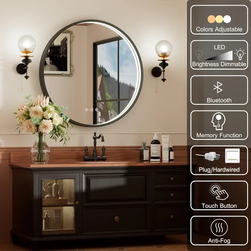 Vista 7 de Espejo de baño LED redondo Bluetooth dual de 20 pulgadas con antivaho Black Frame Circle Vanity Mirror with Lights, 3000K/4500K/6000K, Adjustable