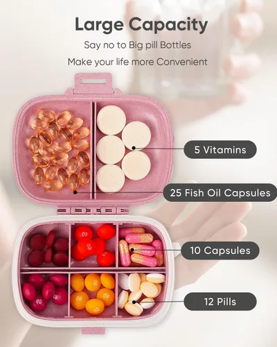 Vista 6 de Holii Organizador de pastillas de viaje con 8 compartimentos, farmacia de bolsillo para bolso, pastillero diario, organizador de medicamentos, Rosa