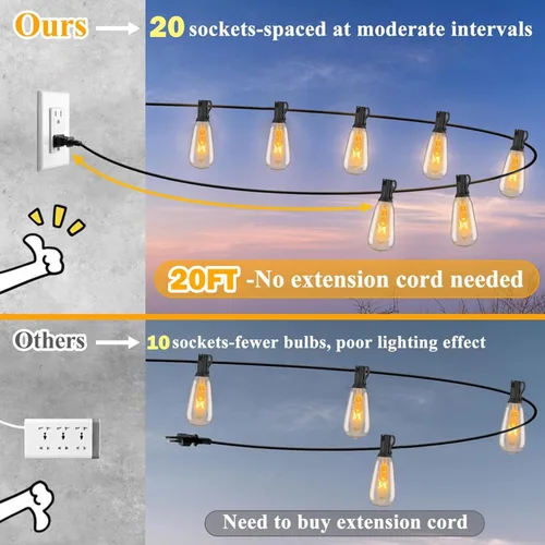 Vista 2 de Afirst Tira de luces para exteriores de 20 pies con 22 bombillas LED (2 de repuesto), impermeables, conectables, luces de patio para iluminación