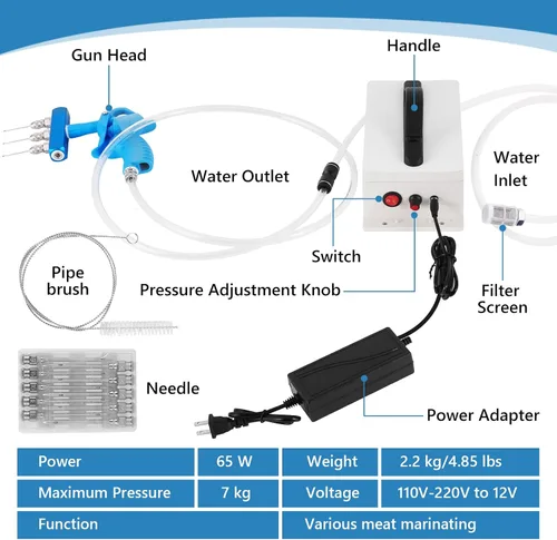 Vista 6 de MXBAOHENG Bomba eléctrica inyectora de carne con manguera, jeringa inyectora de marinada de presión ajustable de 60 W con 20 agujas para fumar