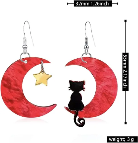 Vista 3 de Pendientes colgantes de gato negro en la luna, aretes de estrella de acrílico, diseño de animales encantadores para mujeres y niñas