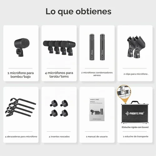 Vista 6 de Phenyx Pro Kit de micrófono de batería, juego de micrófono dinámico con cable de metal completo de 7 piezas para platillos bajos/tom/trampa/Hi-hat